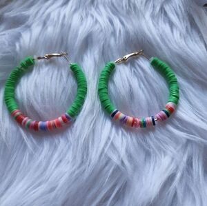 Green Hoop Earrings, Beaded Earrings - Handmade